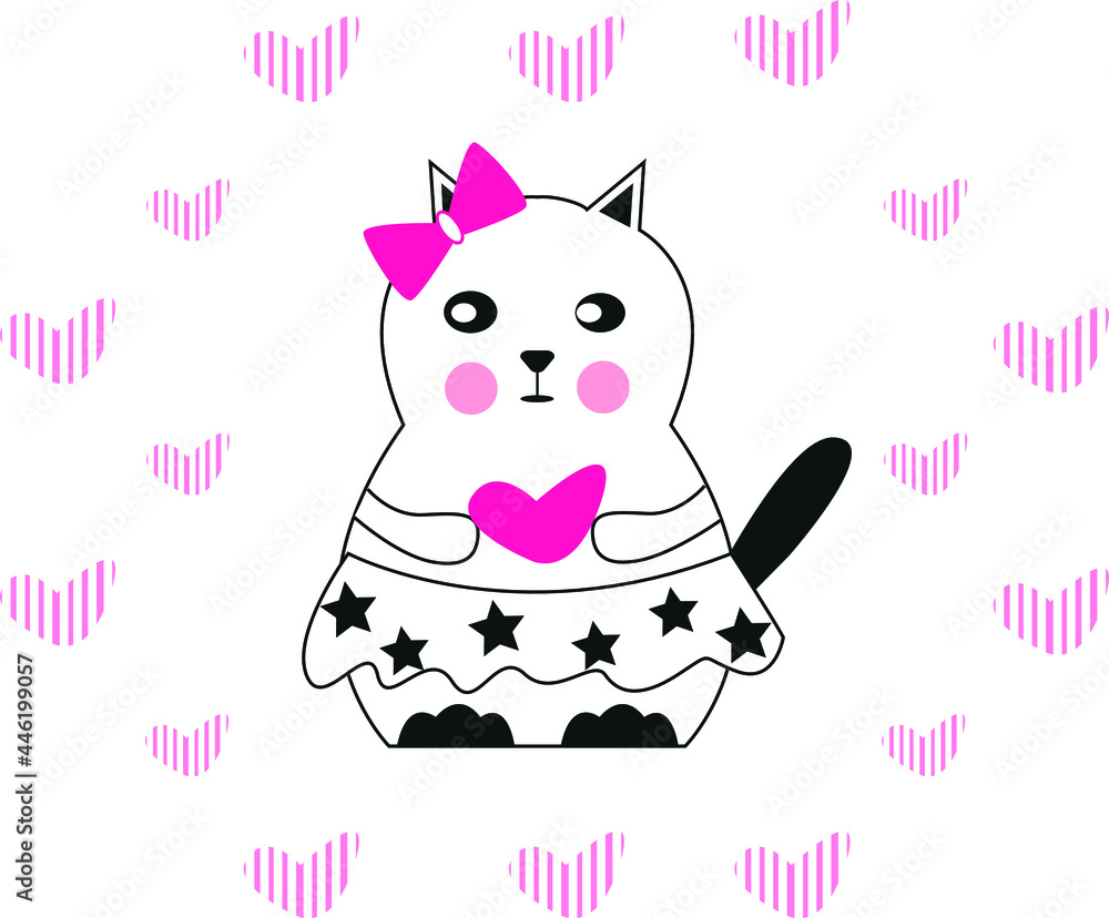 lonely cat in love on a background of pink hearts and in a skirt with stars print lonely cat in love on a background of pink hearts and in a skirt with stars print