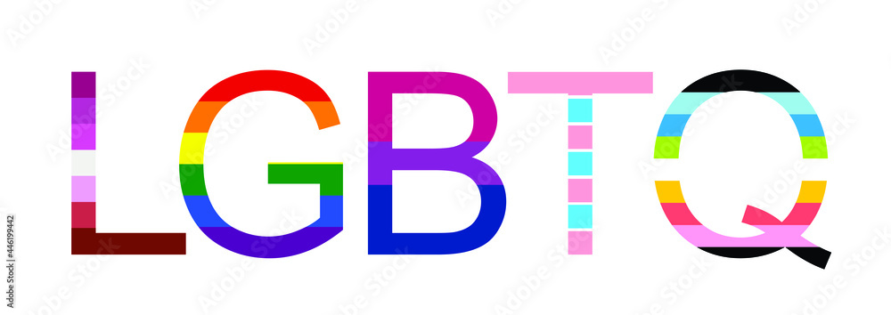 LGBTQ word banner vector illustration isolated on white background. Typography with L Lesbian flag, G Gay Pride flag colors. B Bisexual flag. T Transgender community pride. Q Queer. Gay parade symbol. LGBTQ word banner vector illustration isolated on white background. Typography with L Lesbian flag, G Gay Pride flag colors. B Bisexual flag. T Transgender community pride. Q Queer. Gay parade symbol.