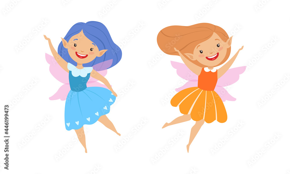 Happy Lovely Fairy Girls Set, Adorable Elves Flying Wearing Bright Costumes Cartoon Vector Illustration Happy Lovely Fairy Girls Set, Adorable Elves Flying Wearing Bright Costumes Cartoon Vector Illustration