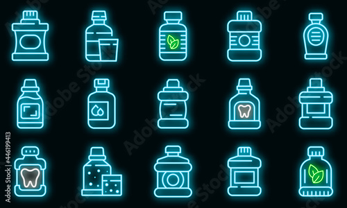 Mouthwash icons set. Outline set of mouthwash vector icons neon color on black