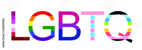 LGBTQ word banner vector illustration isolated on white background. Typography with L Lesbian flag, G Gay Pride flag colors. B Bisexual flag. T Transgender community pride. Q Queer. Gay parade symbol.