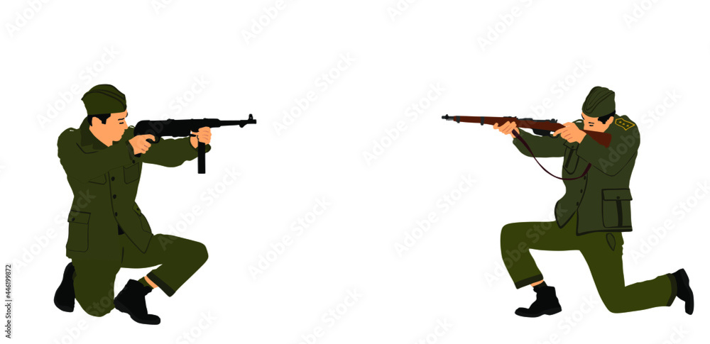 Second world war army soldier opponents with rifle in battle vector illustration. WW2 soldier with rifle aim shooting at the enemy during combat. Scary war situation, brave man defends his country. Second world war army soldier opponents with rifle in battle vector illustration. WW2 soldier with rifle aim shooting at the enemy during combat. Scary war situation, brave man defends his country.