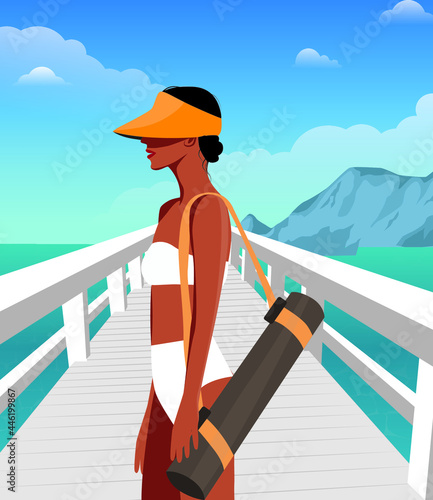 Digital illustration of a girl in summer on vacation goes to the beach with a mat to sunbathe and swim or do yoga