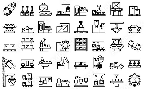 Serial production icons set outline vector. Industrial batch. Mass machinery photo