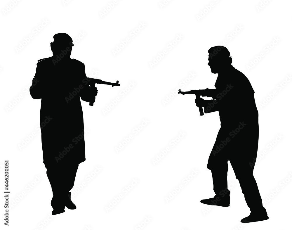Second world war army soldier opponents with rifle in battle vector silhouette. WW2 soldier with rifle aim shooting at the enemy during combat. Scary war situation, brave man defends his country.
