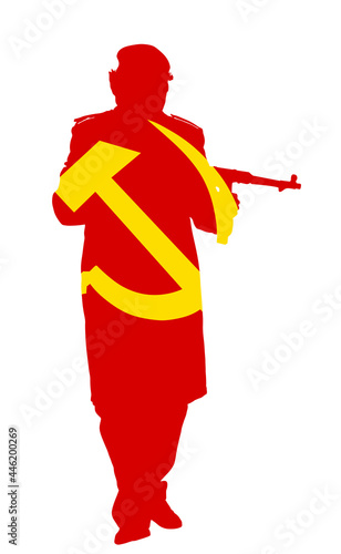 Red army soldier with rifle in battle vector silhouette illustration isolated on white background. Brave man on East front defend country against enemy. Sickle and hummer over Soviet comrade in combat