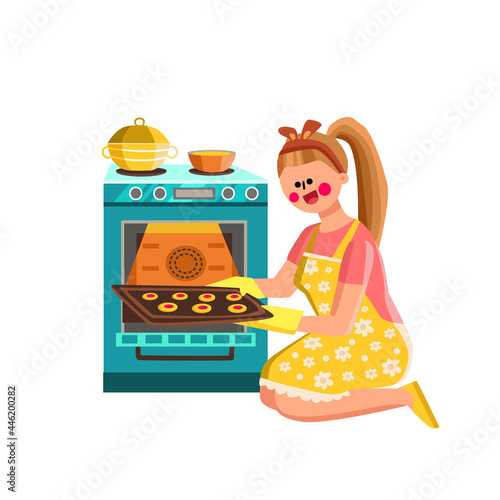 Woman Baker Baking Cookies In Kitchen Oven Vector. Young Girl Baking Cookies Food, Housewife Holding Freshly Baked Cakes On Tray. Character Lady Cooking Delicious Dessert Flat Cartoon Illustration