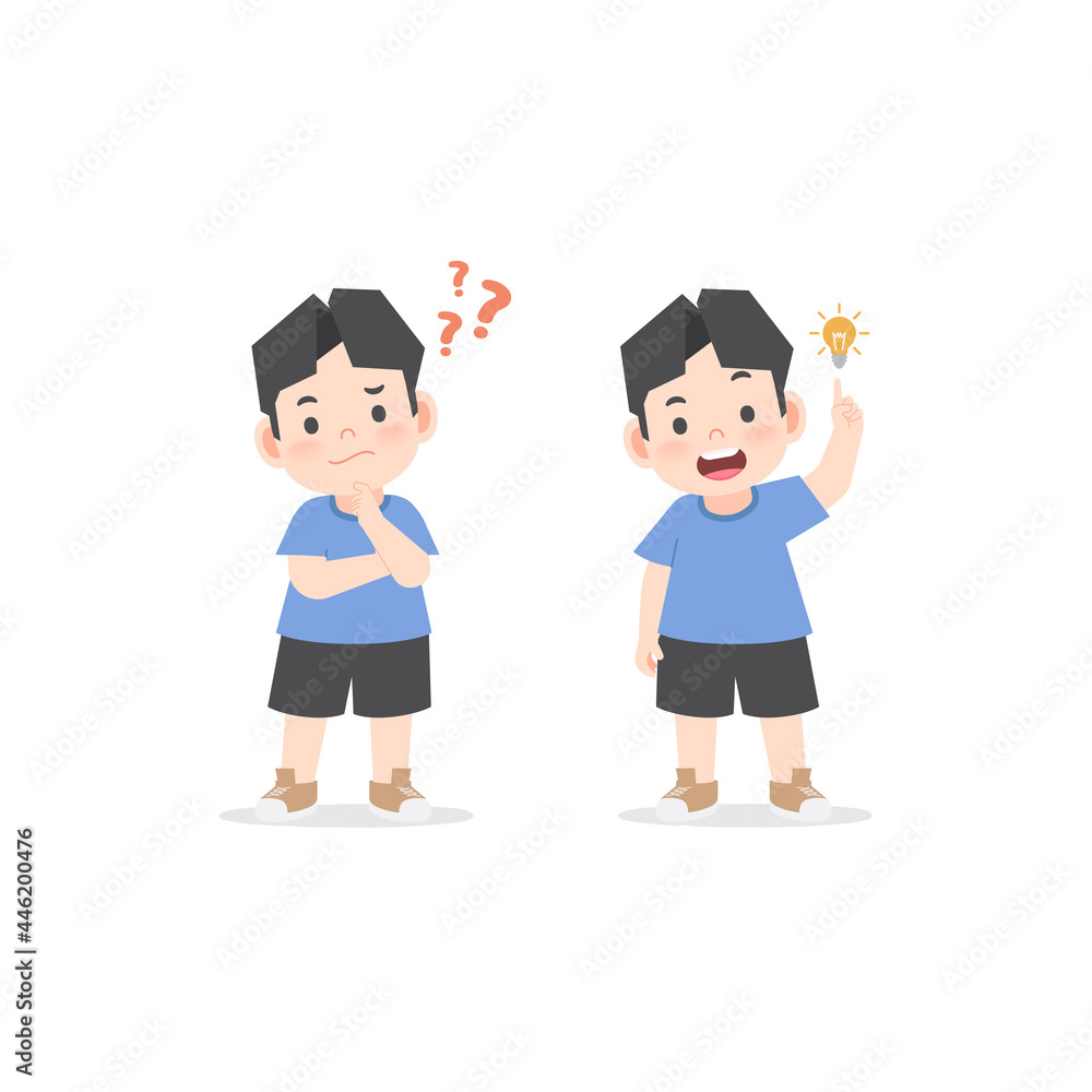 The Asian boy was confused, wondered, had a problem, and tried to answer and The Asian boy figured out the answer to the problem. illustration cartoon character vector design on white background. The Asian boy was confused, wondered, had a problem, and tried to answer and The Asian boy figured out the answer to the problem. illustration cartoon character vector design on white background.