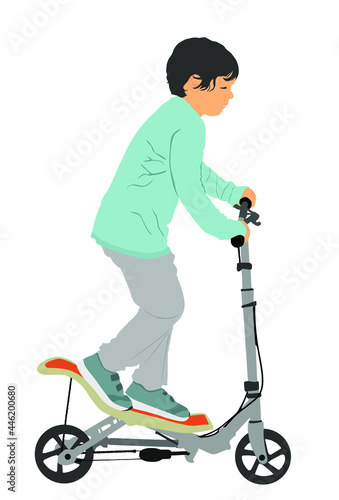 Little boy riding scooter, vector illustration isolated on white background, children scooting. Urban transport method. Happy kid on kick board, toy for enjoy. Active outdoor fun and entertainment.