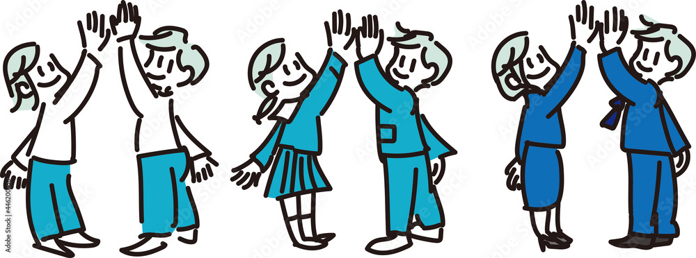 ハイタッチをする男性と女性のイラストセット ハイタッチをする男性と女性のイラストセット