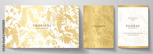 Exotic gold invitation, cover design set. Floral background with tropical pattern of leaf (jungle). Premium horizontal and vertical vector template for gift card, banner, wedding invite, voucher