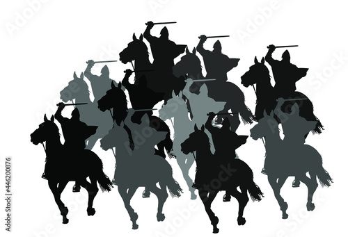 Knight in armor with sword and shield riding horse vector silhouette isolated. Horseman medieval fighter in battle. Cavalryman hero keeps castle walls. Armed man defends country against enemy.