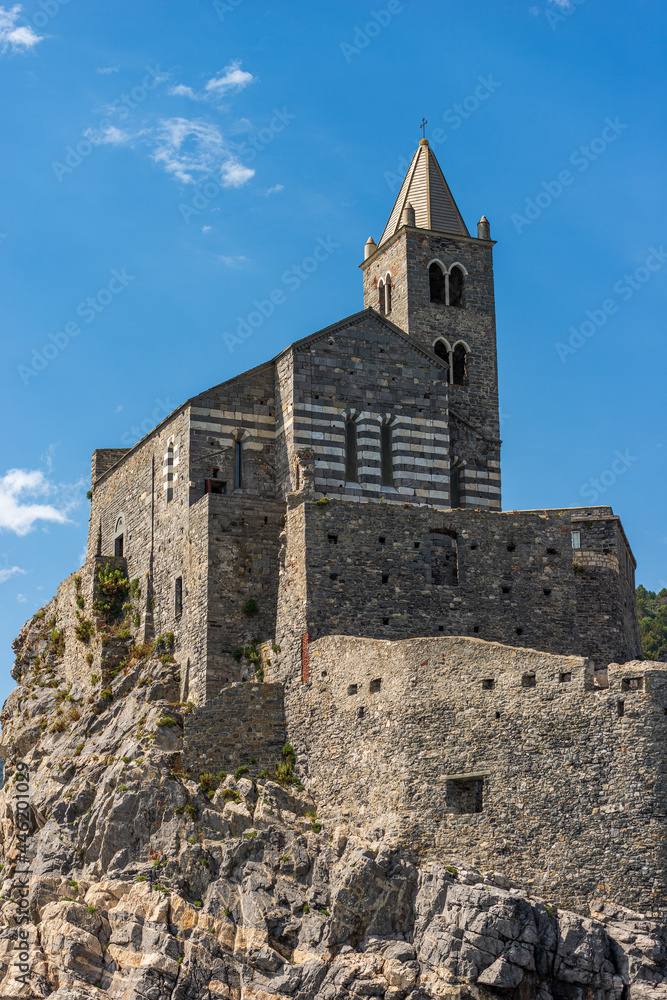Medieval church of San Pietro (St. Peter consecrated in 1198) in Portovenere or Porto Venere, UNESCO world heritage site. La Spezia, Liguria, Italy, Europe.