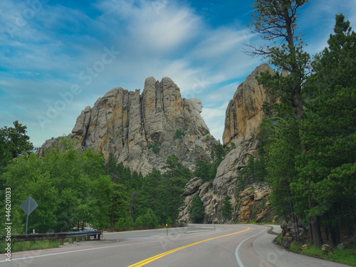 Breathtaking rock formations along the road at Mr Rushmore National Memorial, South Dakota.