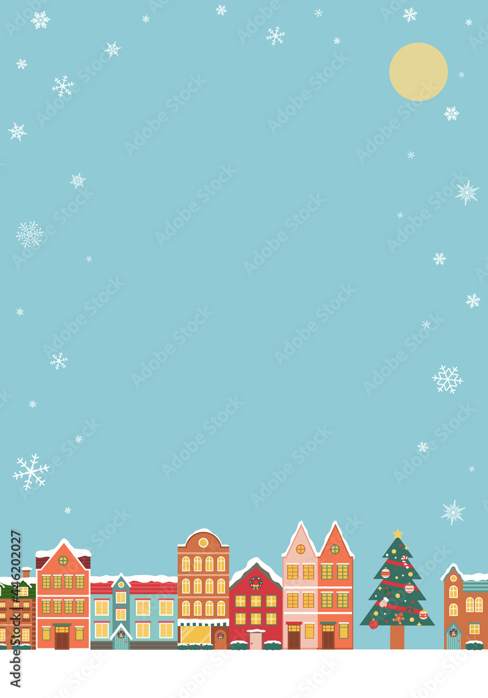 冬のクリスマスの街並みのベクターイラスト背景(風景,フレーム,xmas.X'mas,町並み,雪,カード,メッセージカード,コピースペース)
