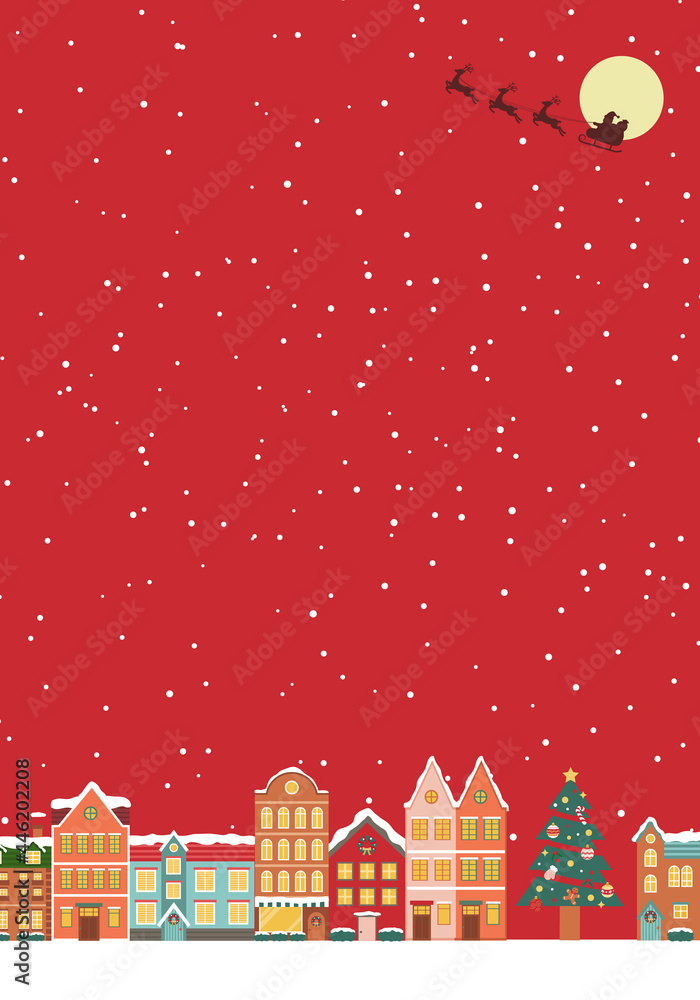Vettoriale Stock 冬のクリスマスの街並みのベクターイラスト背景 風景 フレーム Xmas X Mas 町並み 雪 カード メッセージカード コピースペース Adobe Stock