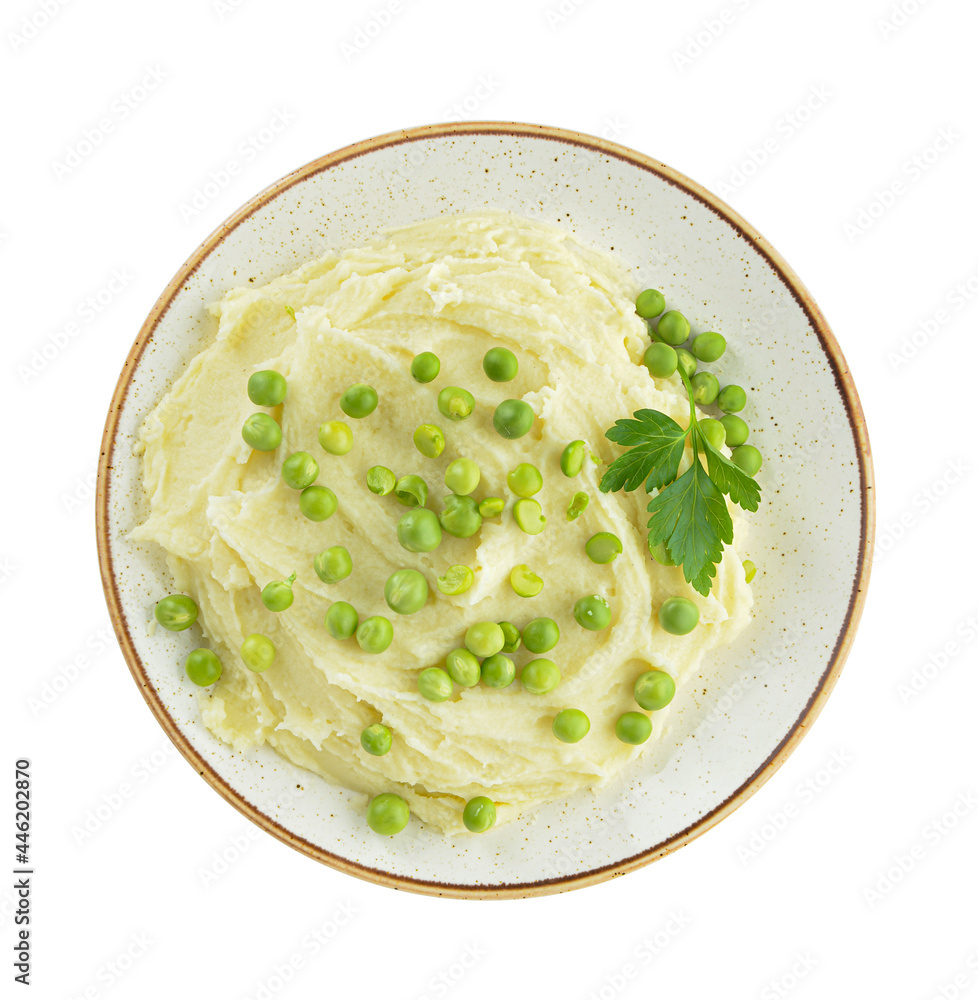 Plate with mashed potatoes and green peas on white background Plate with mashed potatoes and green peas on white background
