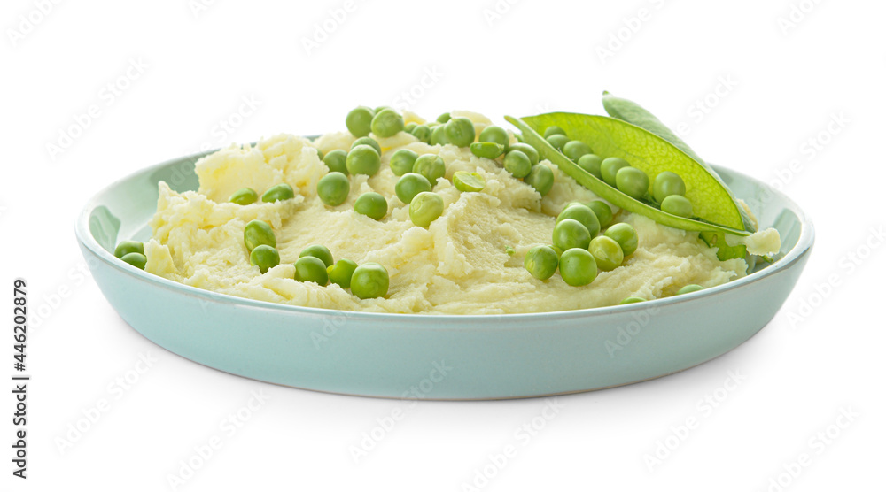 Plate with mashed potatoes and green peas on white background Plate with mashed potatoes and green peas on white background
