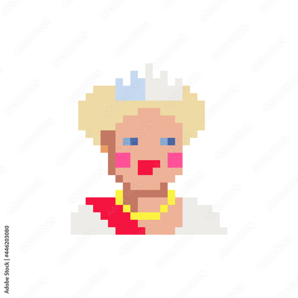Queen female character. Adult woman avatar, portrait, profile picture. Pixel art. Flat style. Design of 80s. Game assets. 8-bit. Isolated vector illustration.