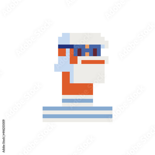 Old man with beard and glasses, pixel art character. Avatar, portrait, profile picture. Flat style. Game assets. 8-bit. Isolated vector illustration.  