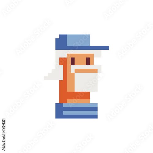 Old gray-haired man with a beard and hat, pixel art character. Avatar, portrait, profile picture. Flat style. Game assets. 8-bit. Isolated vector illustration.  