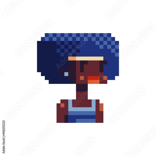Fashion girl character. Pixel art. Flat style. Avatar, portrait, profile picture. Design of 80s. African american young woman. Game assets. 8-bit. Isolated vector illustration.