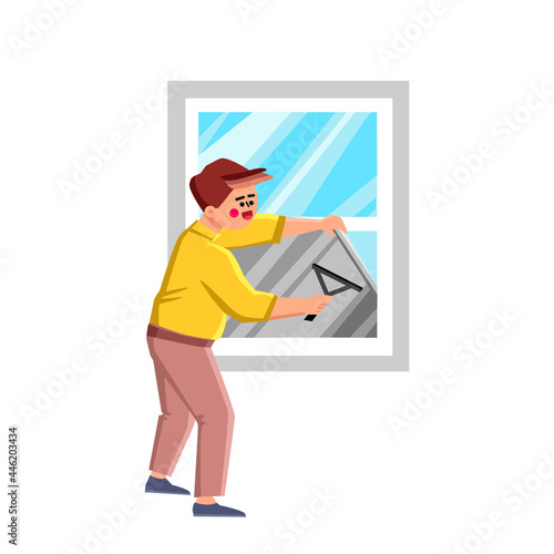 Window Foil Tinting Professional Worker Vector. Tinted Glass In House Making Man With Window Foil. Character Guy With Tint Film Make Protection From Ultraviolet Radiation Flat Cartoon Illustration