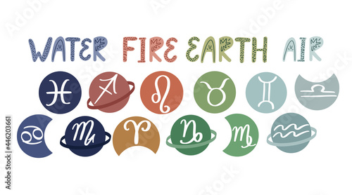 Set of hand written zodiac signs icons. Water, fire, earth and air horoscope signs.