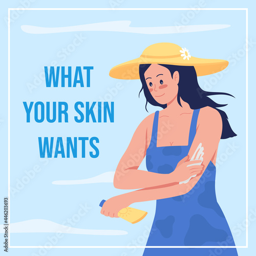 Applying sunscreen social media post mockup. What your skin wants phrase. Web banner design template. Summer body care booster, content layout with inscription. Poster, print ads and flat illustration