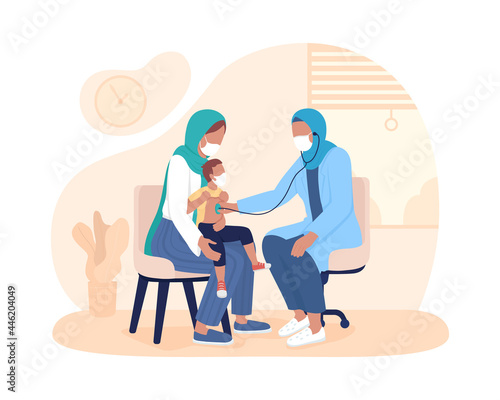 Child checkup with parent 2D vector isolated illustration. Listen breathing using stethoscope flat characters on cartoon background. Respiratory diseases prevention. Baby doctor visit colourful scene