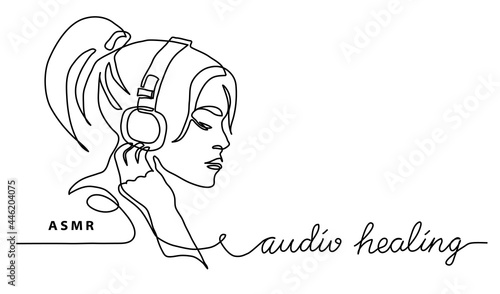 ASMR concept.Girl, woman in headphones simple vector banner, poster, background. One continuous line drawing with text audio healing