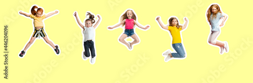 Art collage made of little and happy kids jumping isolated on yellow studio background. Human emotions, facial expression concept