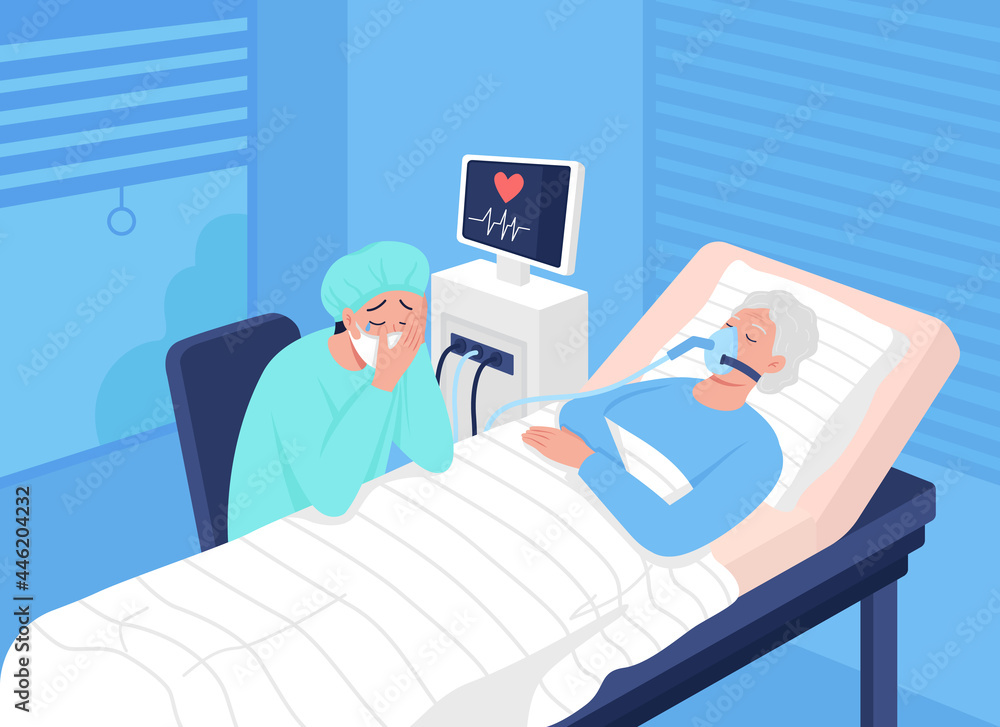 Comatose patient in intensive care unit flat color vector illustration.  Care for patient with covid. Visiting dying sick person 2D cartoon  characters with hospital environment on background Stock Vector | Adobe  Stock