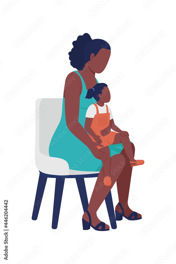 Mother with little daughter on knee semi flat color vector characters. Full body people on white. Parenting classes isolated modern cartoon style illustration for graphic design and animation