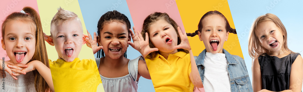 Φωτογραφία Collage made of portraits of little cute kids, boys and girls isolated on multicolored studio background