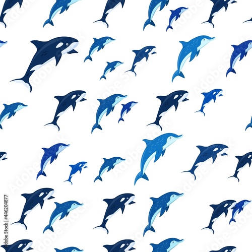 Marine life seamless pattern. Dolphins and killer whales.