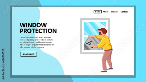 Window Protection Accessory Installing Man Vector. Window Protection Foil Install Young Guy For Protect From Beams Of Sun Light And Ultraviolet Radiation. Character Web Flat Cartoon Illustration