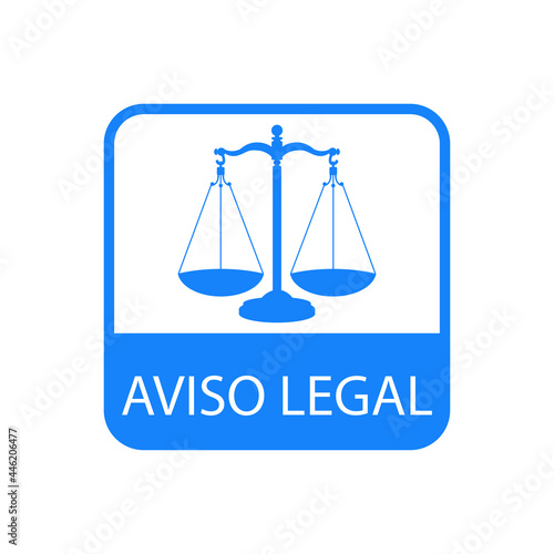 Icono con texto Aviso Legal en español con silueta de balanza en cuadrado de color azul