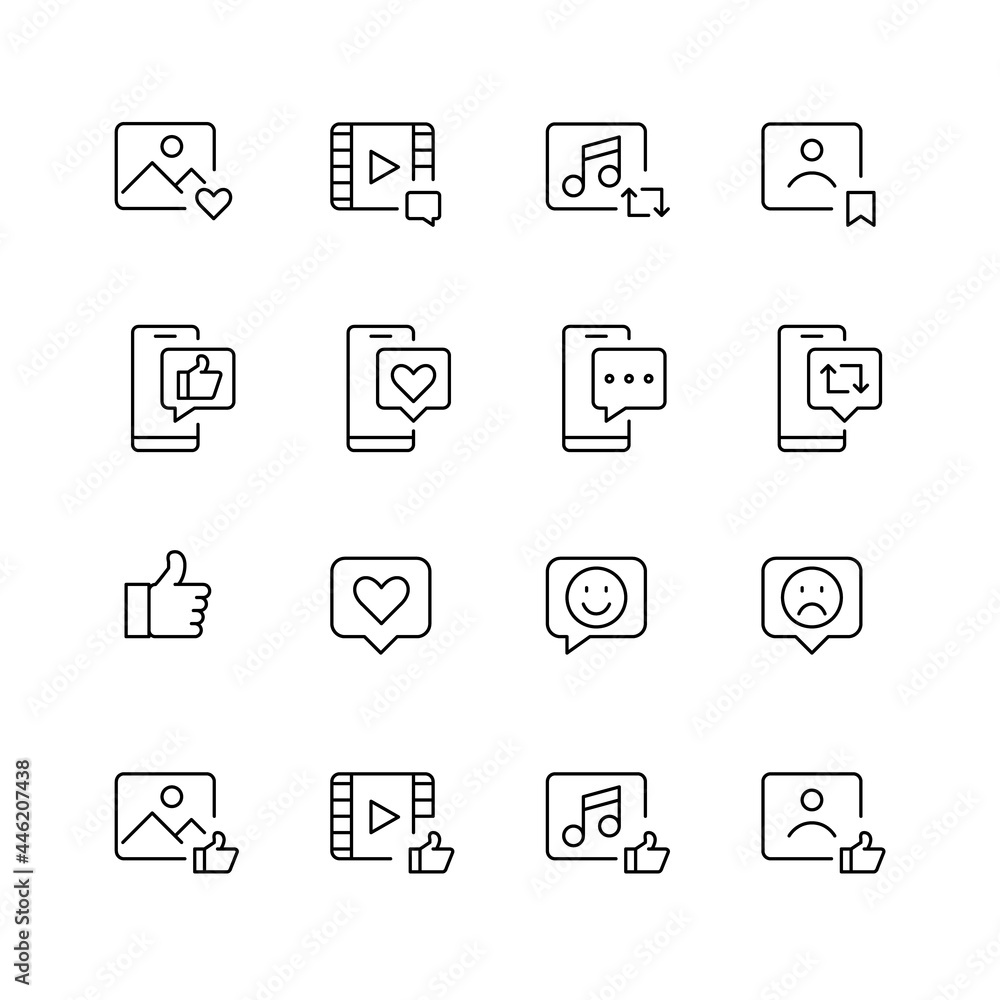 Social media interaction icons. Like, thumbs up, save, emoji, repost and share signs. Video, photo, user and messages. Pixel perfect, editable stroke. Social media interaction icons. Like, thumbs up, save, emoji, repost and share signs. Video, photo, user and messages. Pixel perfect, editable stroke.