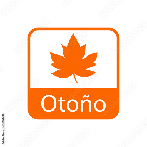 Icono con texto Otoño en español con silueta de hoja de arce en cuadrado de color naranja