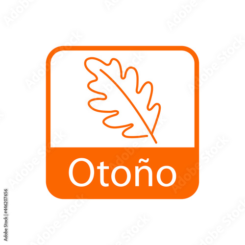 Icono con texto Otoño en español con silueta de hoja de roble en cuadrado de color naranja