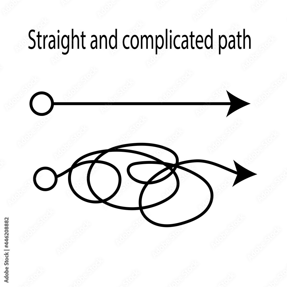 Fototapeta premium Straight and complicated path. Simple or difficult way to success. Vector illustration isolated on black background.