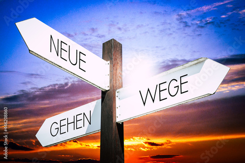 Neue Wege gehen (German)/ Go new ways (English) - signpost with three arrows photo