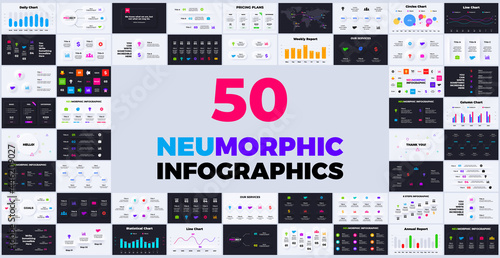 50 Neumorphic infographics. Vector business info graphics set. Presentation graph. Circle diagram template. 3, 4, 5, 6, 7, 8 steps, options. photo