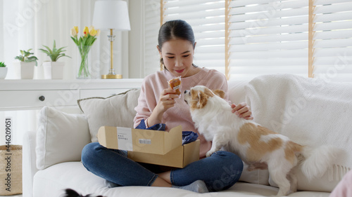 Tableau sur toile Young happy asia people girl smile enjoy with cute dog unbox snack food post mail sit relax at home comfort sofa couch in omni channel fast send parcel via online sale pet shop store e-commerce order