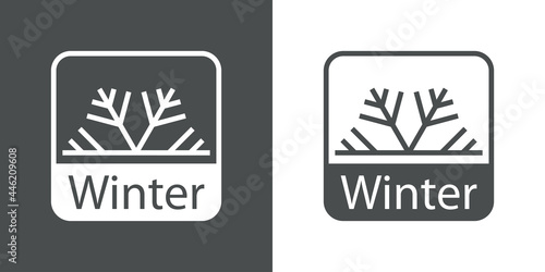 Icono con texto Winter con copo de nieve en cuadrado en fondo gris y fondo blanco