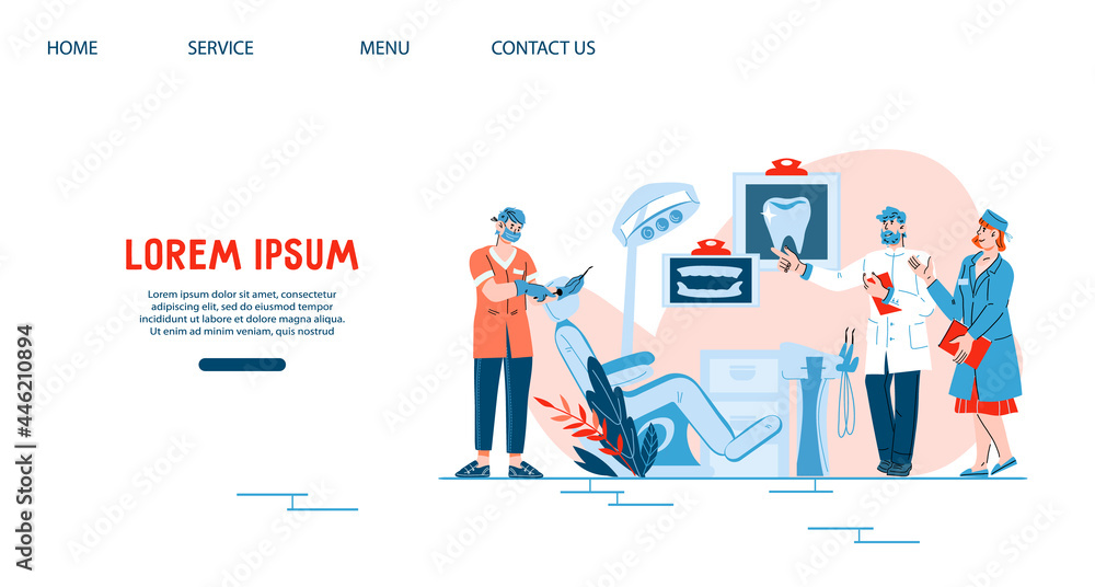 Dentists working together in dental clinic for web banner, infographics, flat vector illustration. Interface of web landing page for dentistry or stomatology services.