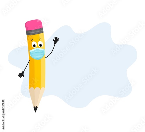 Colorful pencil character wearing a medical mask flat style vector illustration. Healthcare concept for school, office, hospital, banner, poster, card. Vaccination logo with pencli and medical mask