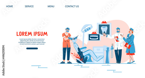 Dentists working together in dental clinic for web banner, infographics, flat vector illustration. Interface of web landing page for dentistry or stomatology services. © Anastasia