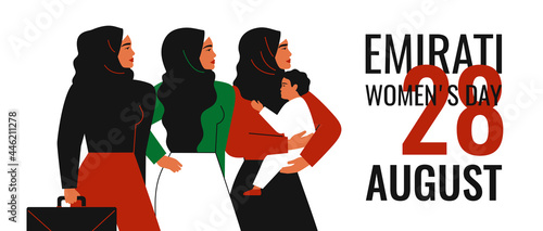 Emirati Women's day greeting card. Muslim mother with child, businesswoman and Arabian girl in hijab stands together. Vector illustration. Holiday concept